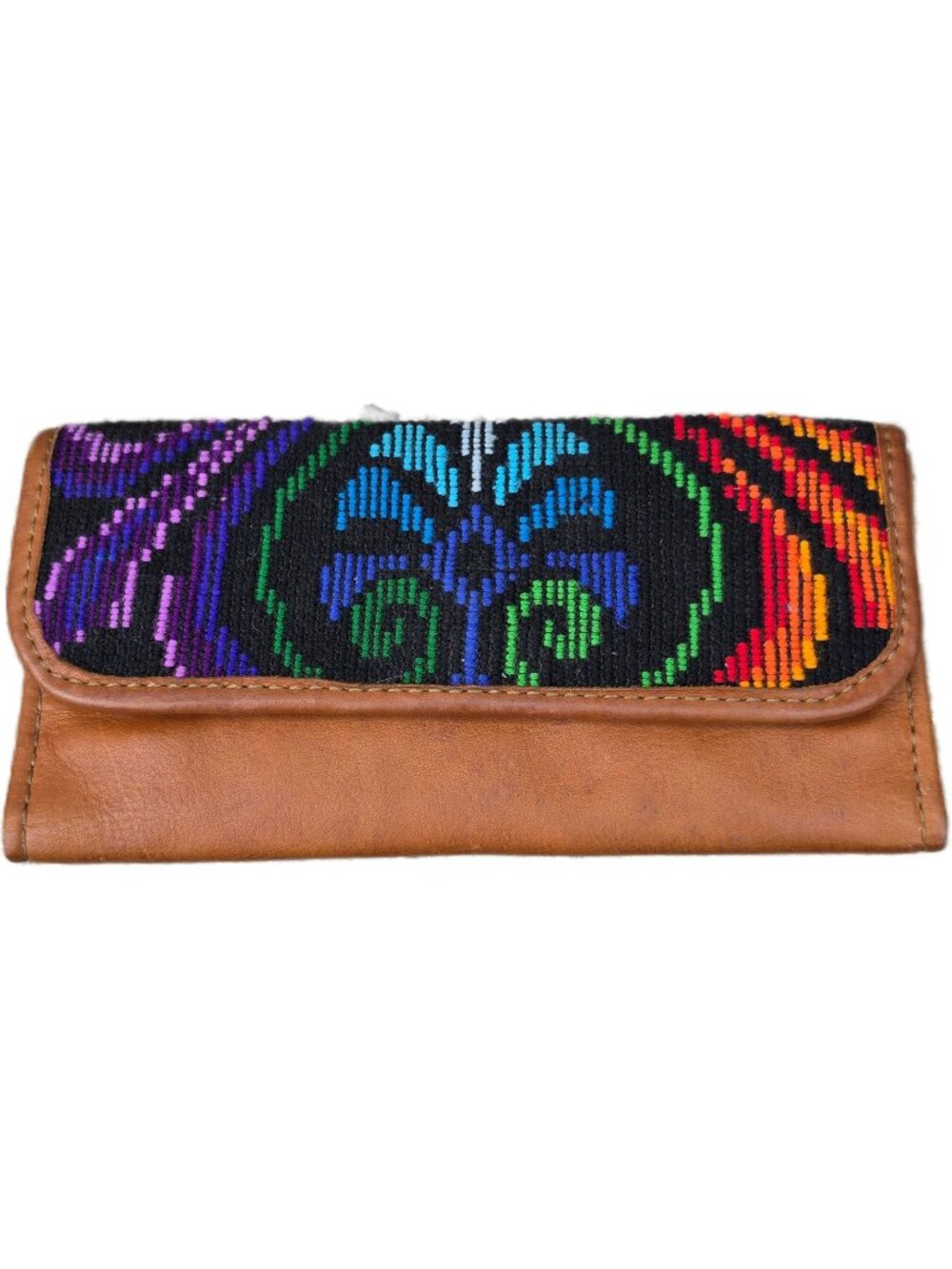 Boho Mayan Leather Wallet Colorful Embroidered Folk Art Bifold Clutch Guatemala